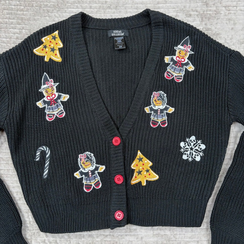 Social Collision Goth Gingerbread Christmas‎ Cardigan Sweater Black Womens SM